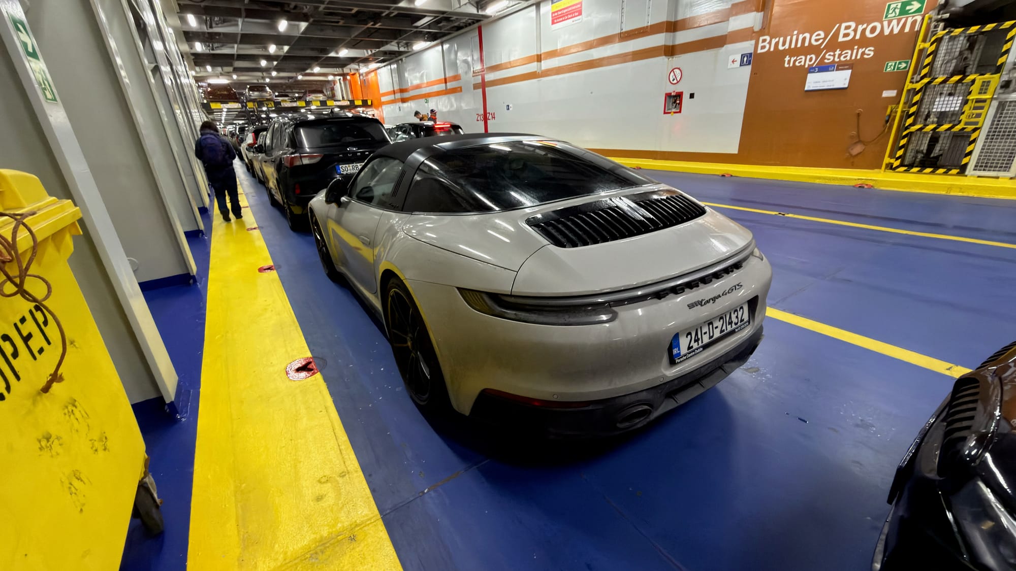 Parked on the lower car deck of our ferry to the United Kingdom