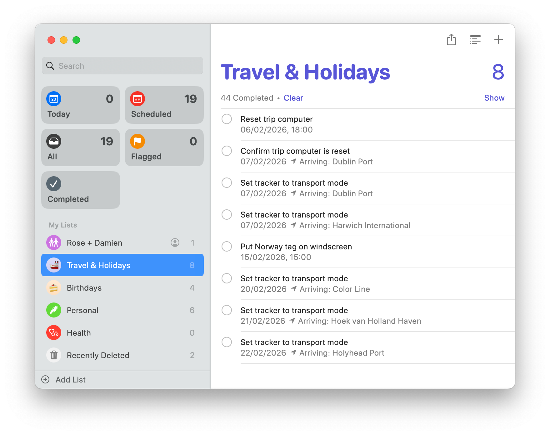 Apple Reminders for this trip
