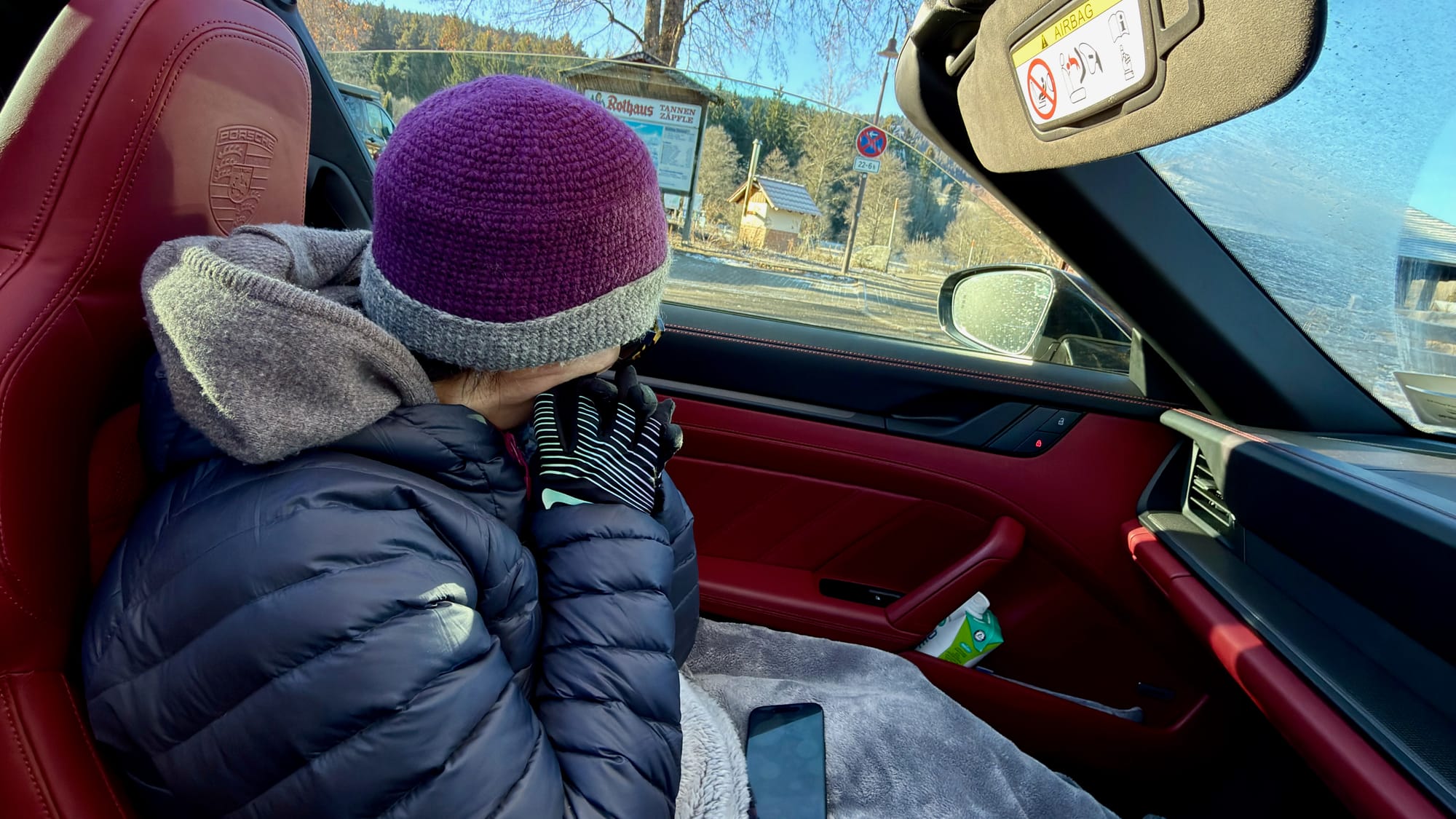 Enjoying open top motoring in -7C winter in the Black Forest, Germany