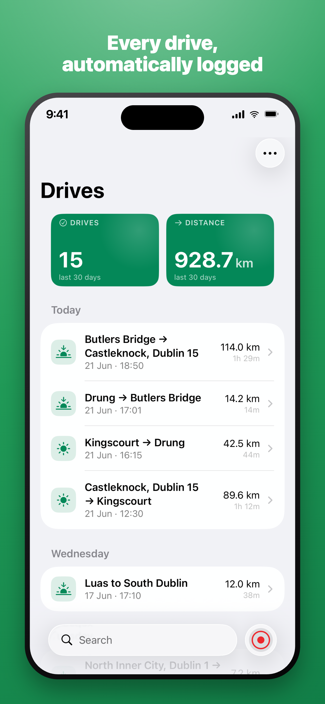 Driveline Drives list showing 15 drives and 928.7 km in the last 30 days, with rows like Butlers Bridge to Castleknock, Dublin 15 at 114.0 km and a search bar.