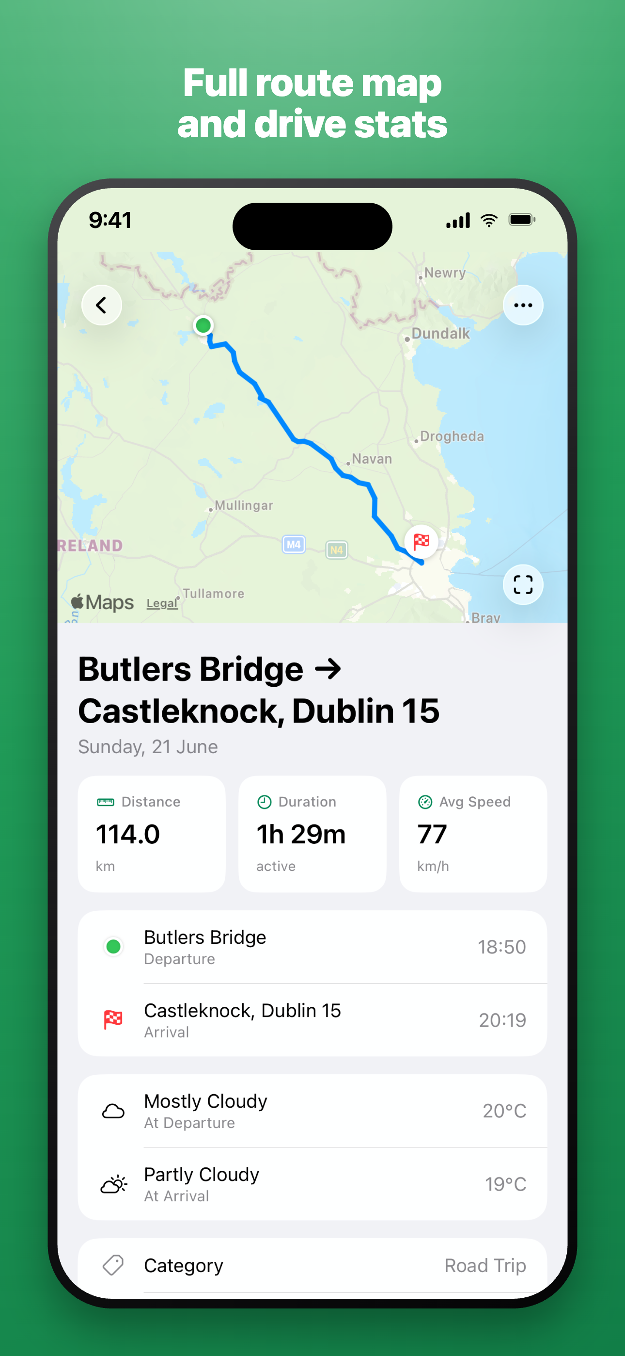 Driveline drive detail for Butlers Bridge to Castleknock, Dublin 15 on Sunday 21 June — route map with Distance 114.0 km, Duration 1h 29m active, Avg Speed 77 km/h, departure 18:50, arrival 20:19, and Category Road Trip.