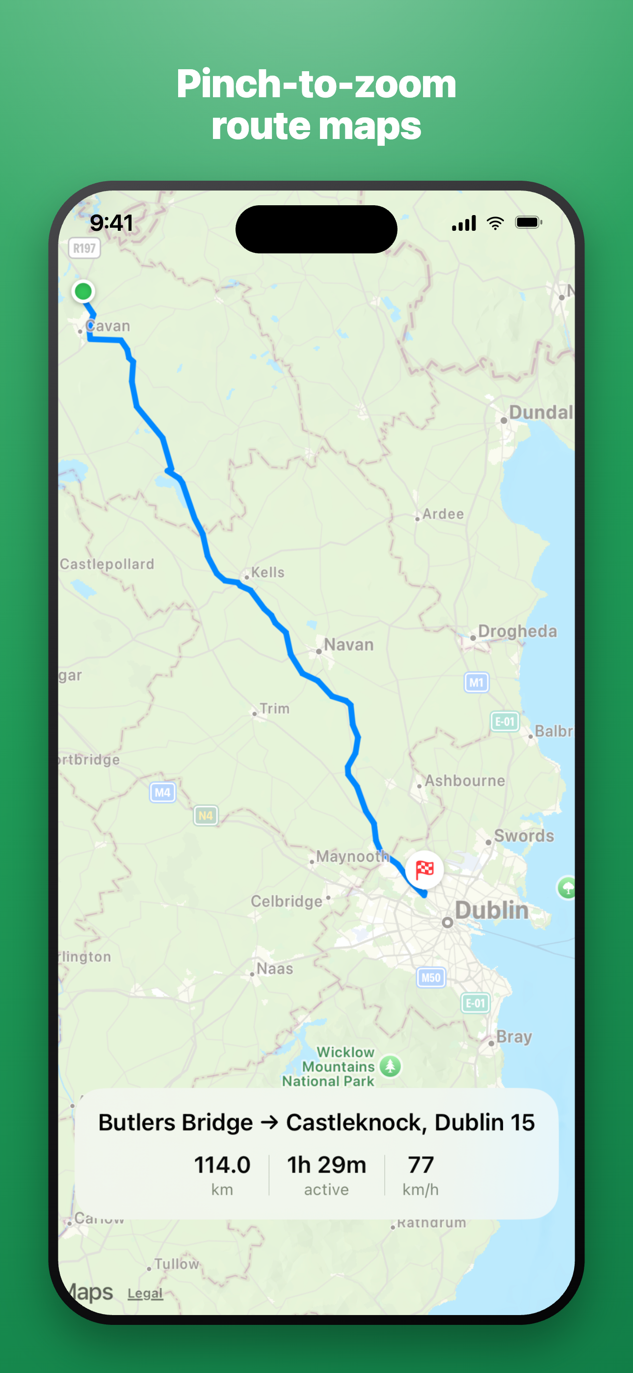 Driveline full-screen, pinch-to-zoom route map of Butlers Bridge to Castleknock, Dublin 15 with a summary bar showing 114.0 km, 1h 29m active and 77 km/h.