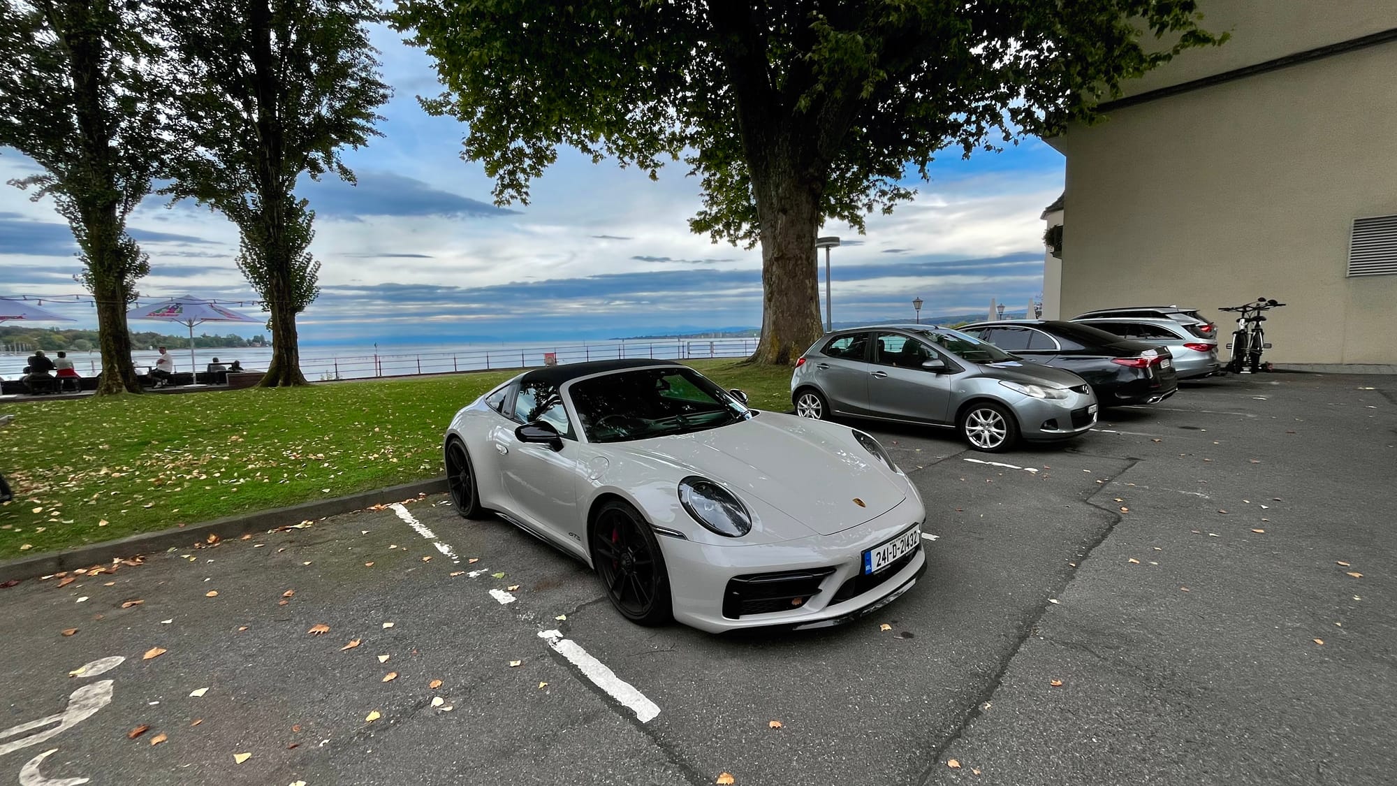 Parked at our hotel with Lake Constance in the background