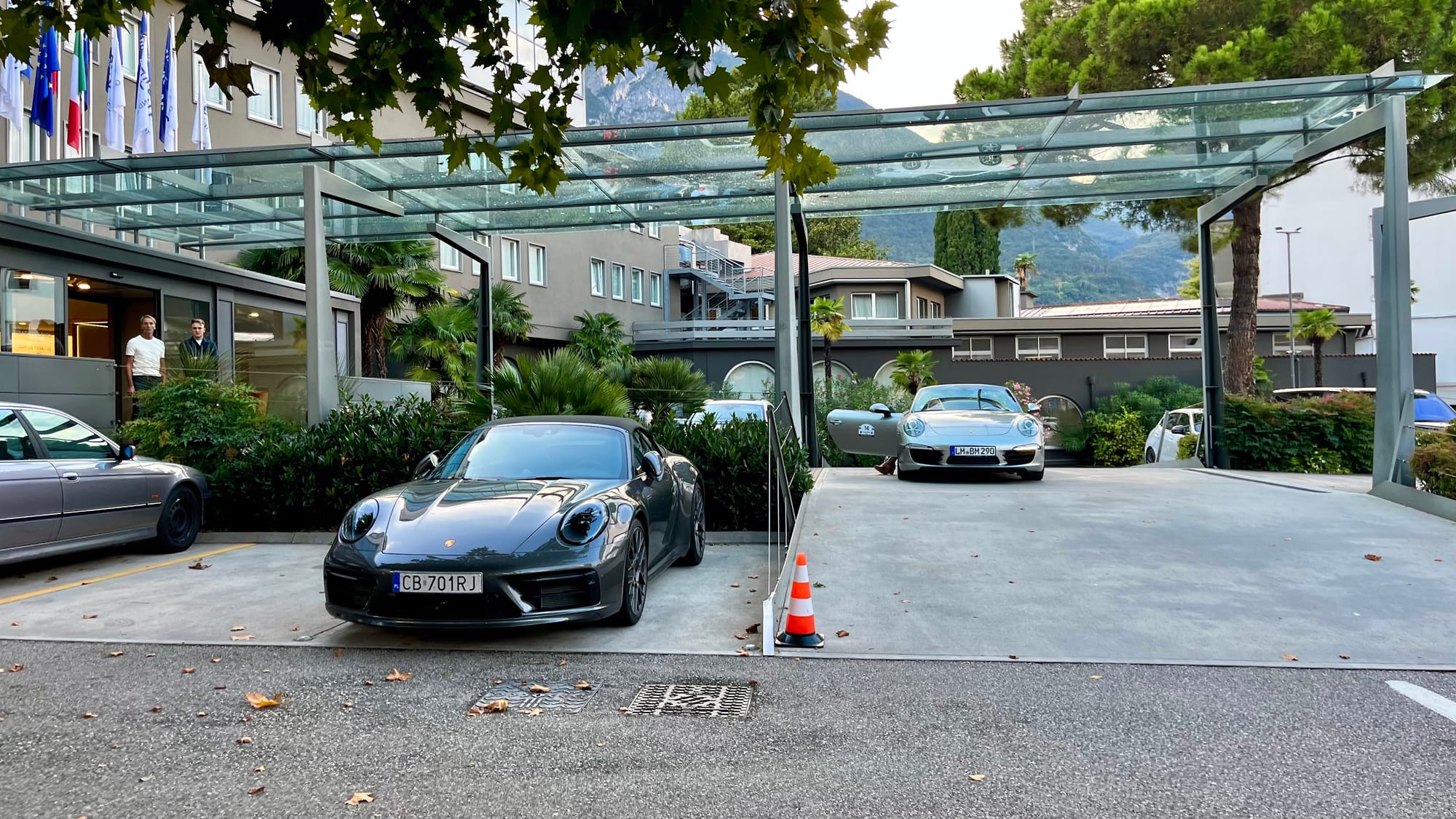 Porsche 911s outside our hotel