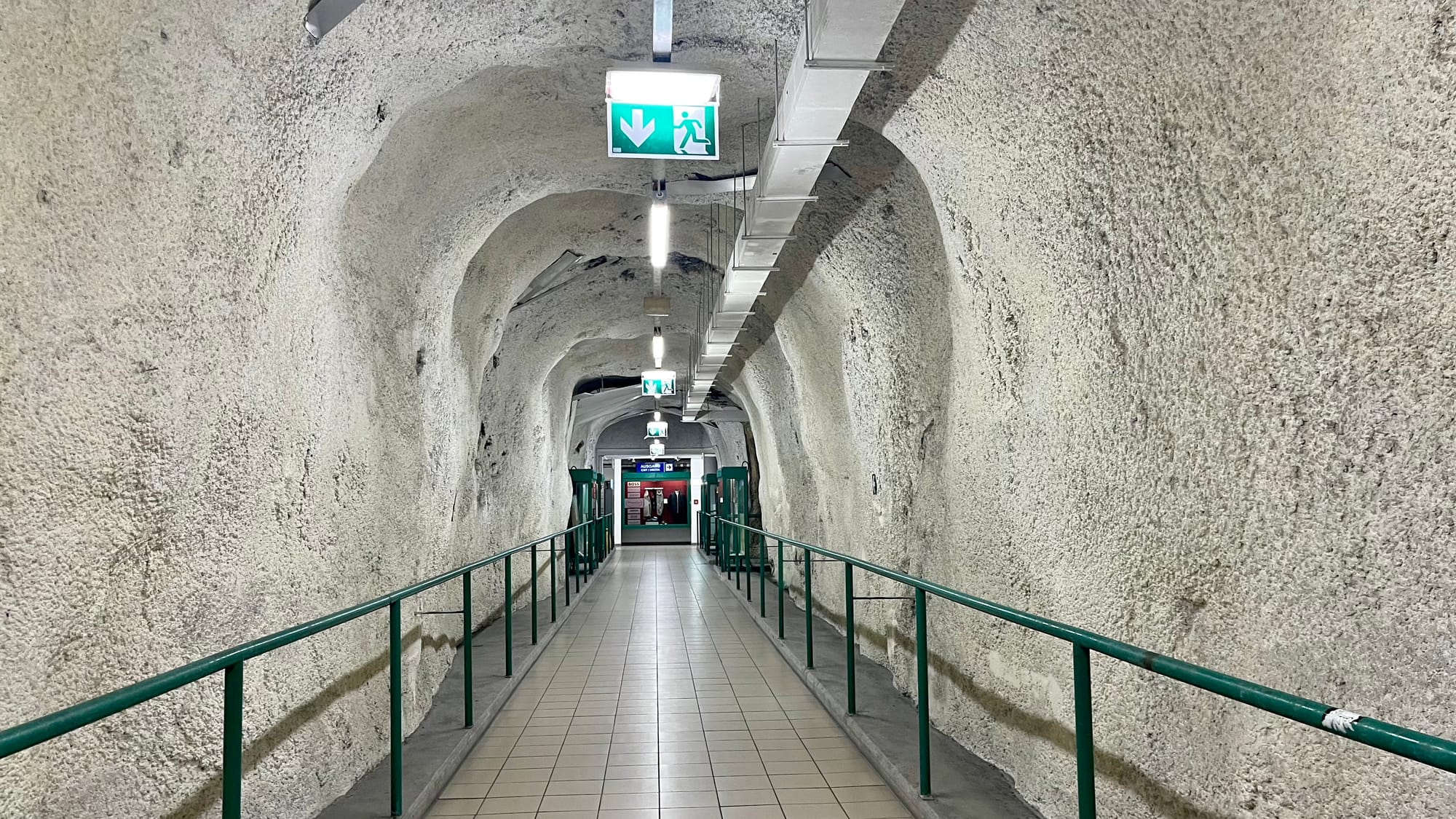 Exiting the underground garage by the pedestrian walkway.