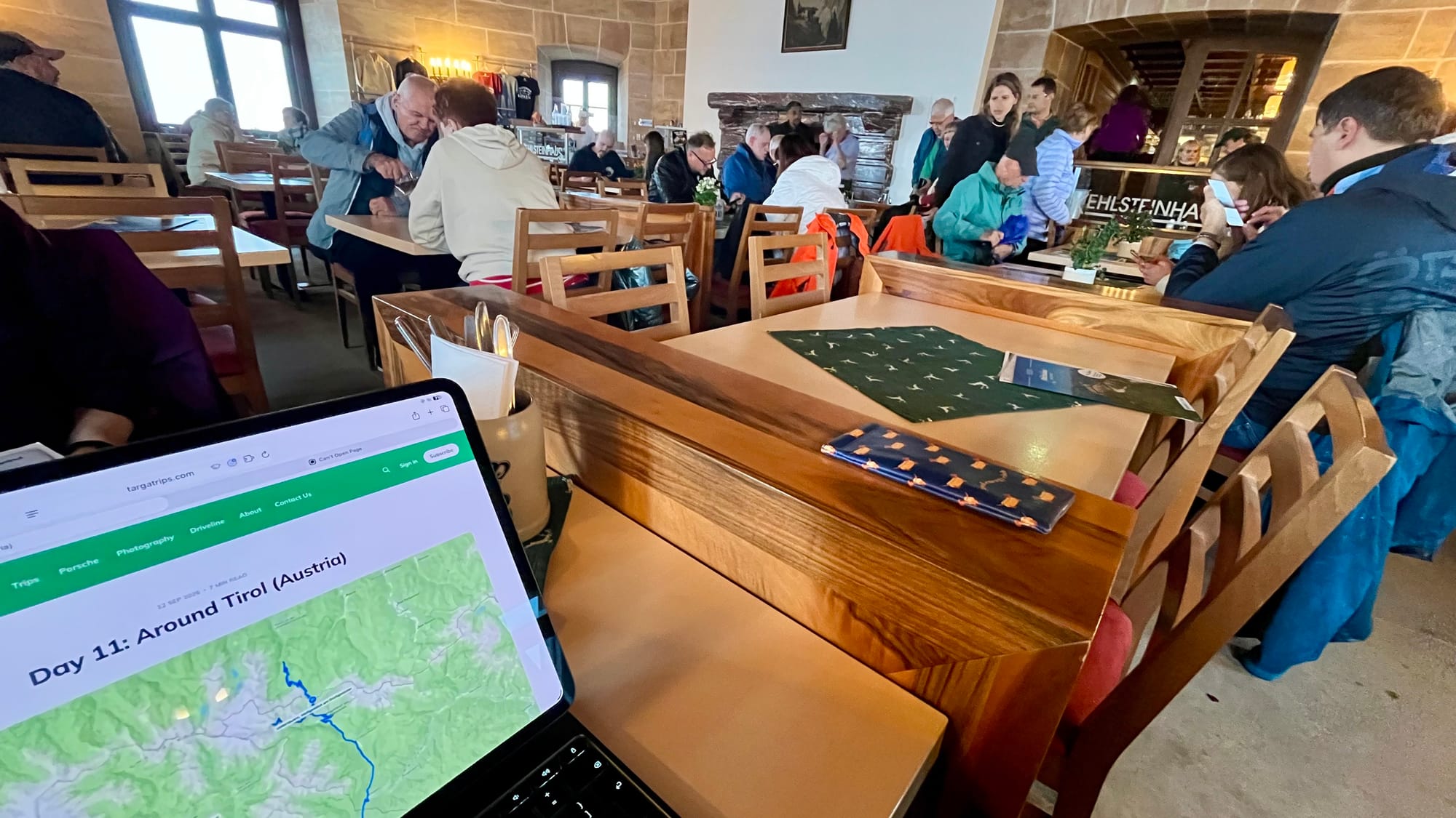 Updating our blog in the main dining room of the Eagle’s Nest