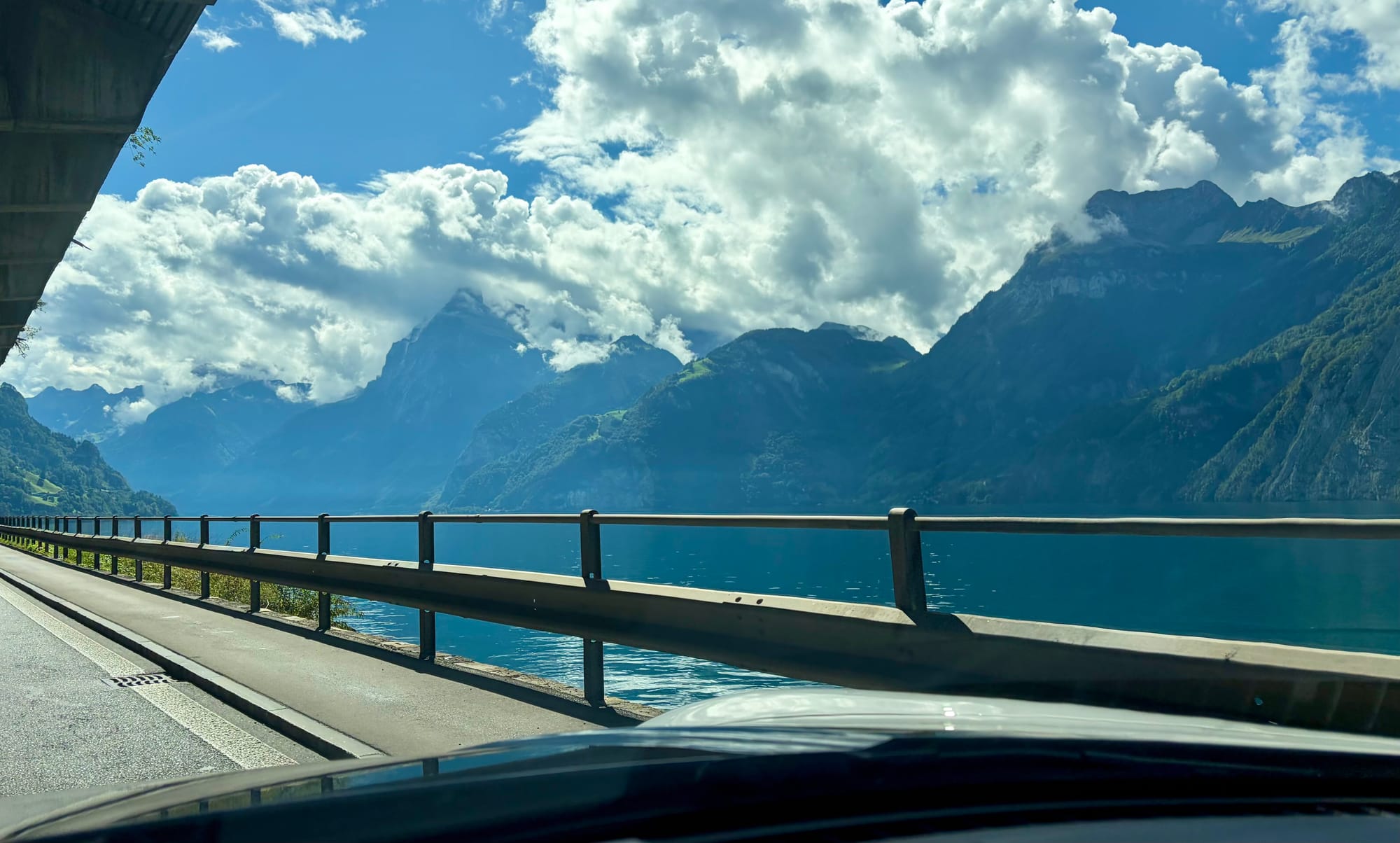 Driving alongside a lake in Switzerland