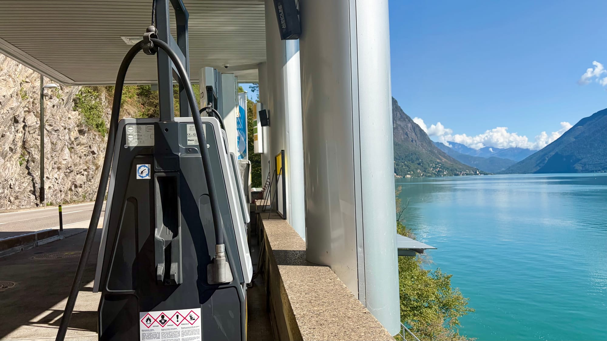 Lake Como behind the fuel pumps